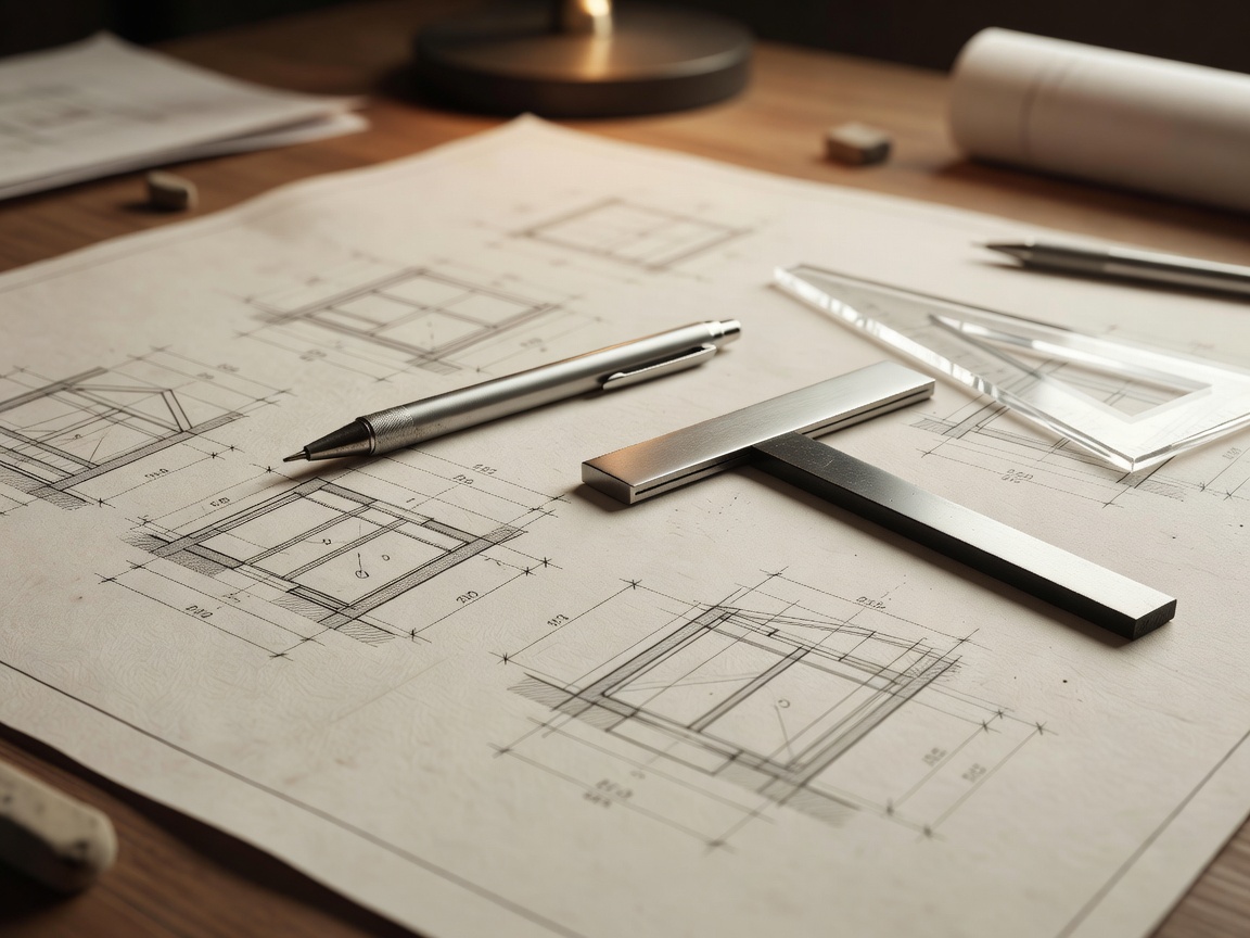 Macro view of architectural plans and drafting tools