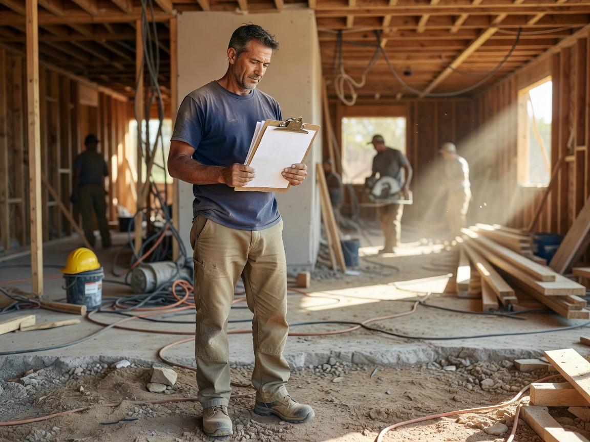 Contractor holding a clipboard on site