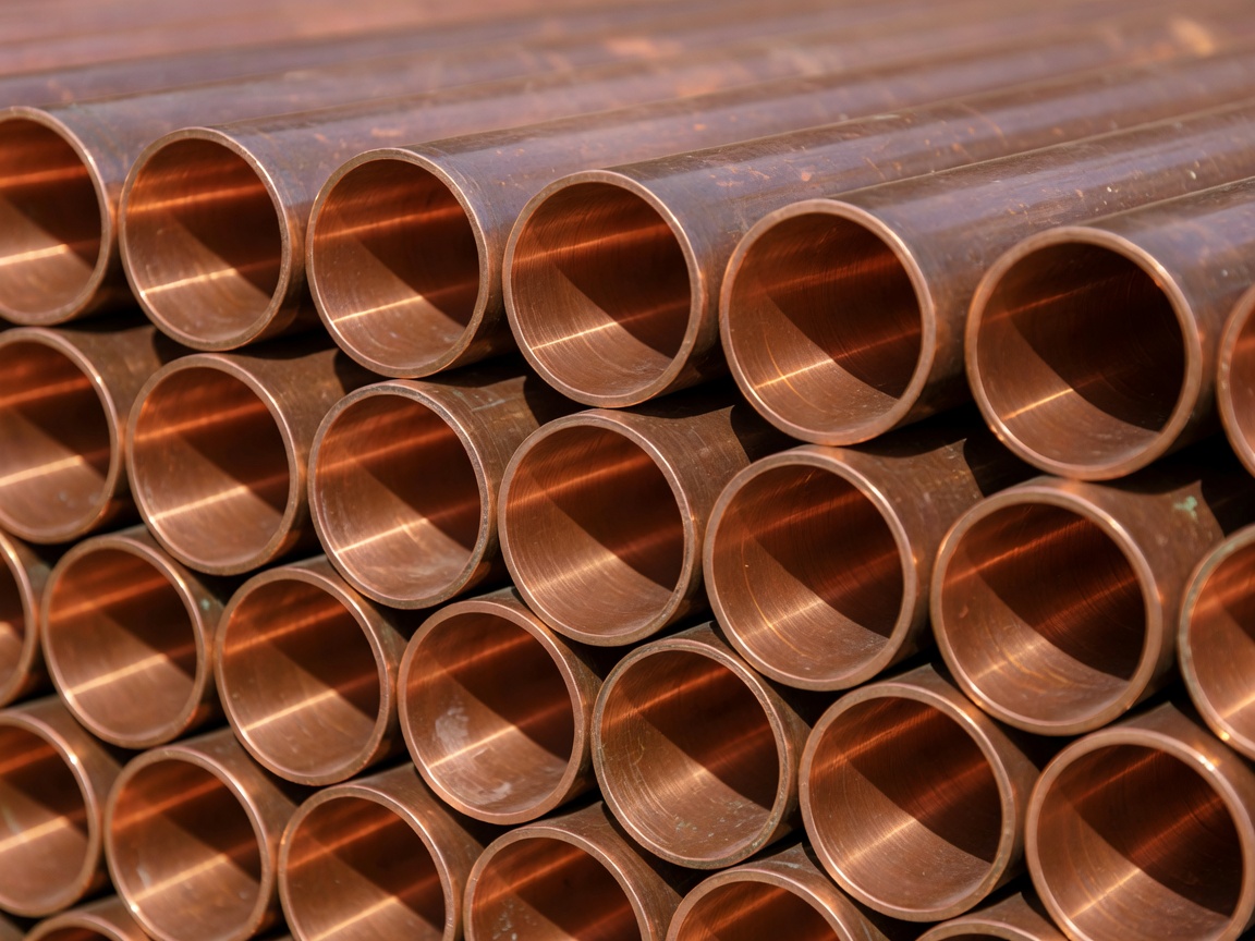 Close up of stacked copper pipes